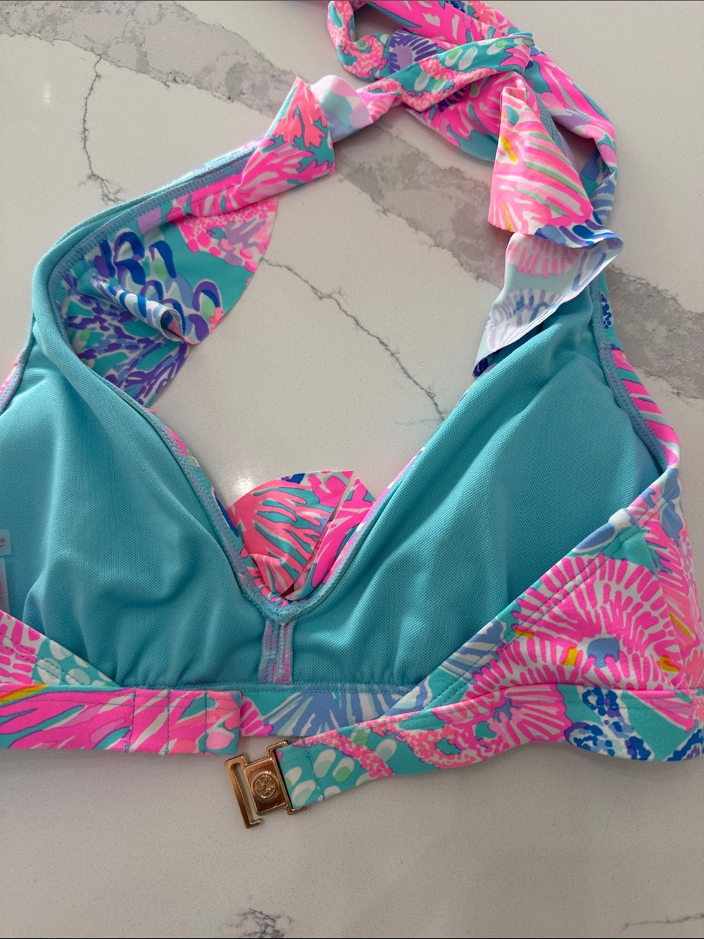 Lilly Pulitzer Pink Teal Floral Ruffle Halter Bikini Top - Picture 3 of 3